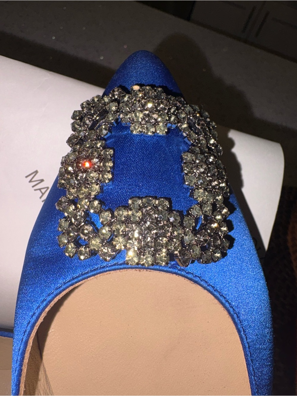Manolo Blahnik Royal Blue Satin Crystal-Embellished Pointed Flats - Picture 2 of 5